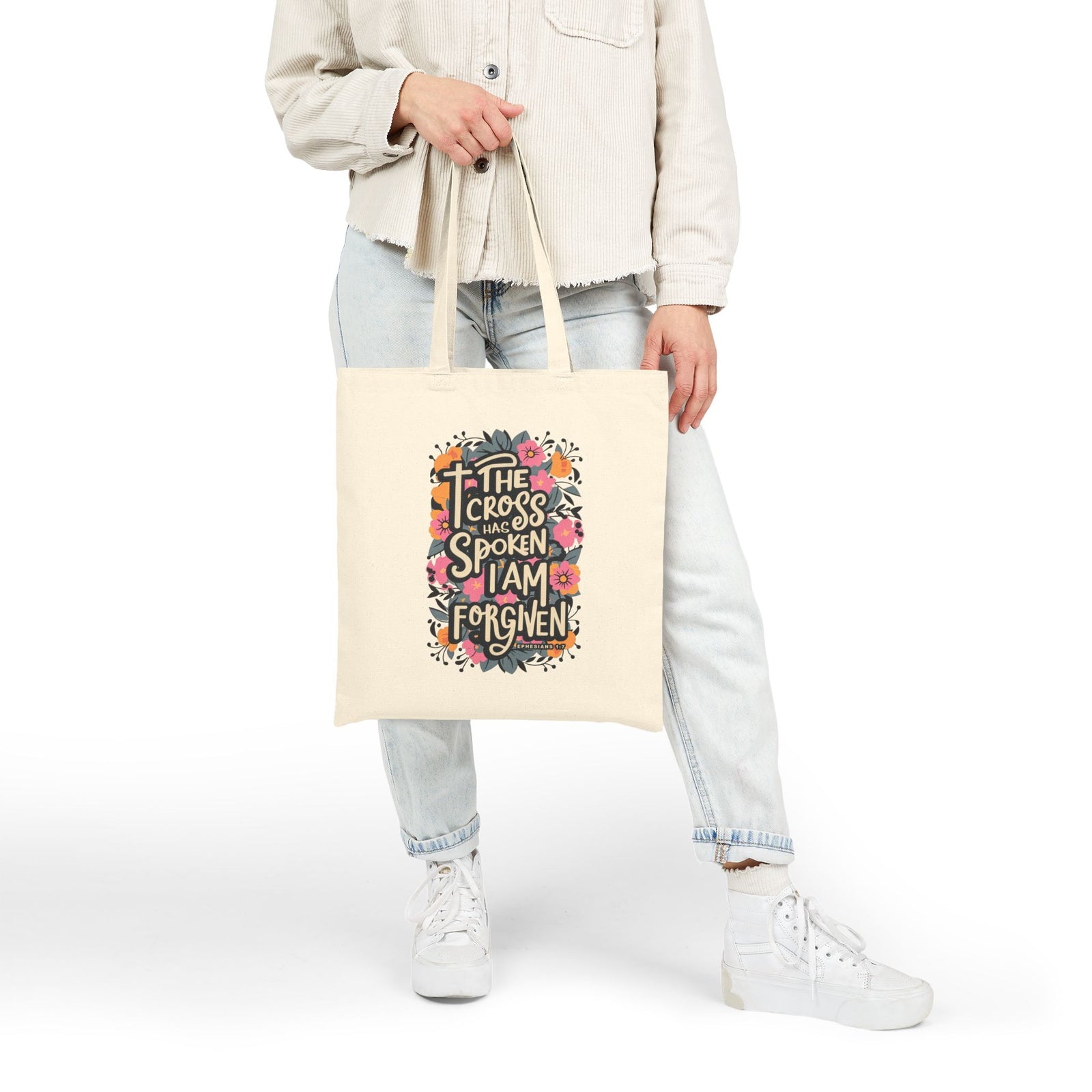 The Cross Has Spoken I Am Forgiven Cotton Canvas Floral Christian Tote Bag