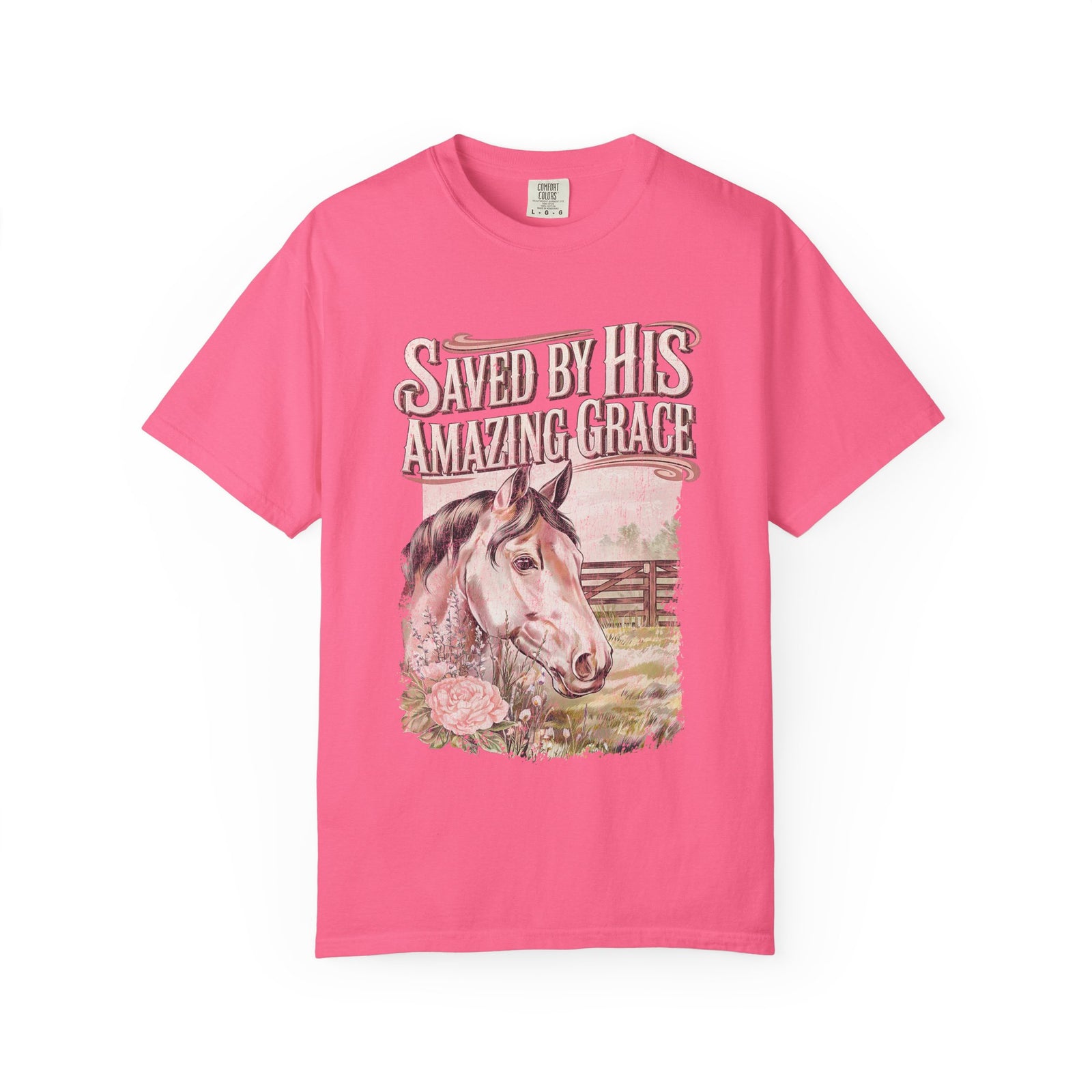 Saved By His Amazing Grace Horse Christian Tee Distressed Graphic T-Shirt
