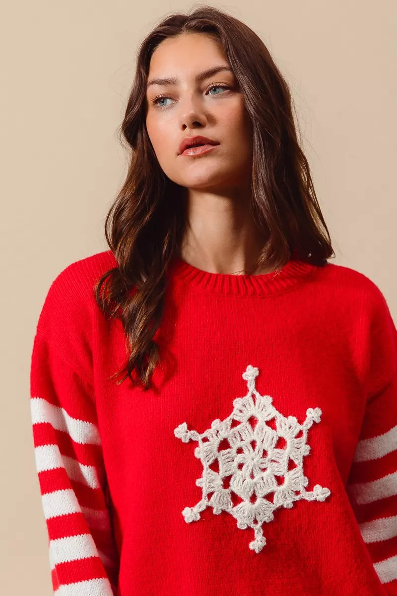 SO ME Christmas Snowflake Crochet Embellished Sweater - Sydney So Sweet