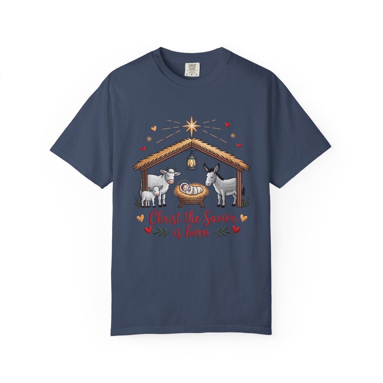 Christ the Savior is Born Faux Embroidery T-Shirt Nativity Scene Graphic Tee