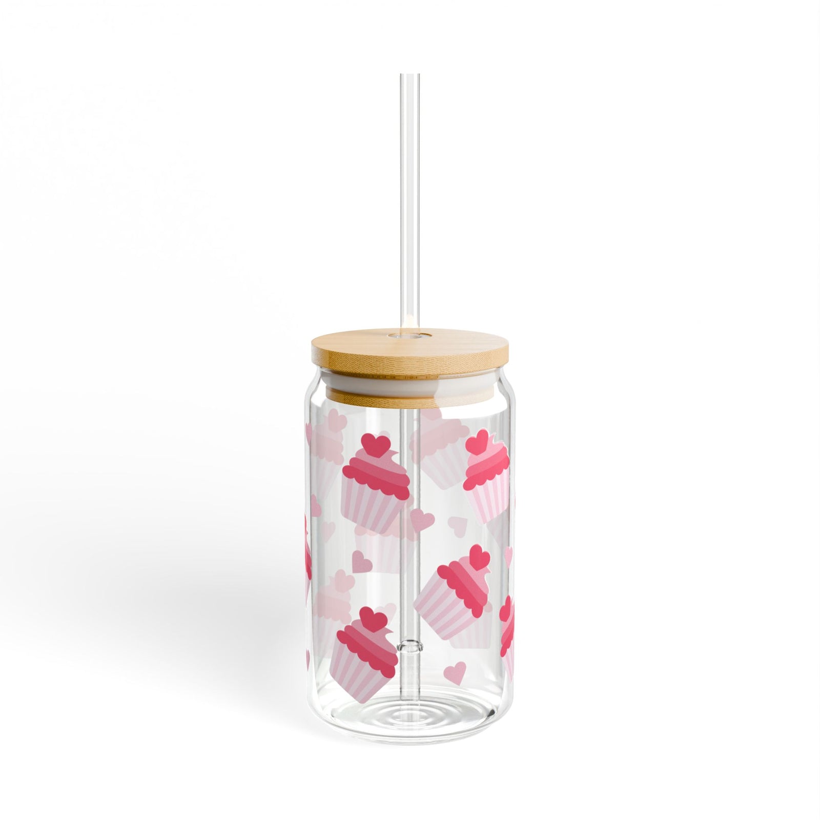 Cupcake Hearts Tumbler Sipper Glass 16oz — Reusable Drink Jar with Lid & Straw