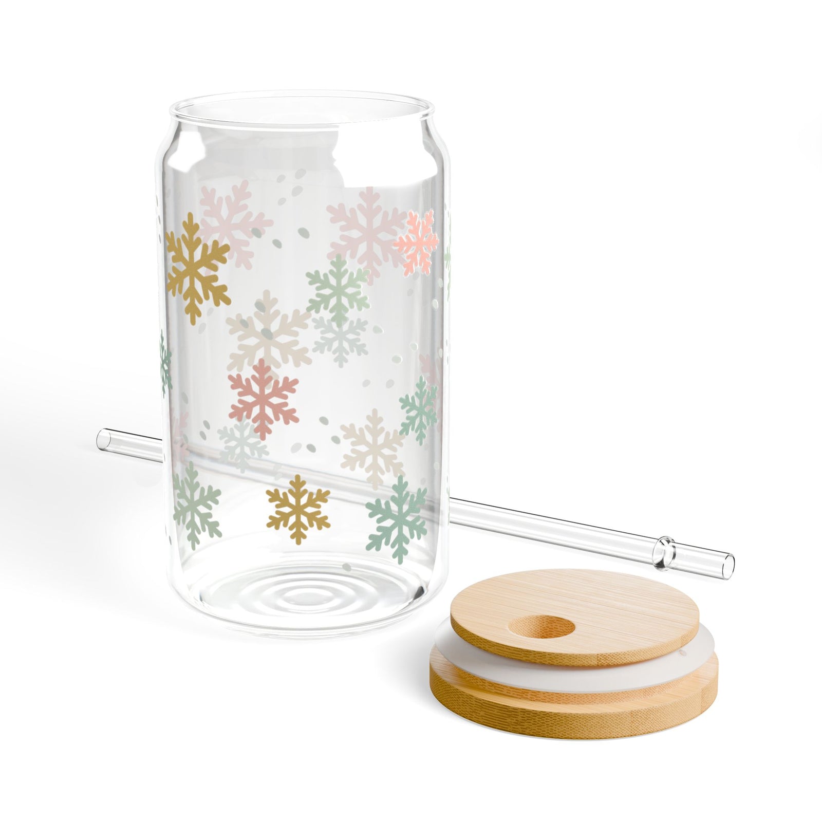Pastel Snowflake Winter Christmas 16 oz reusable glass drink jar with lid and straw