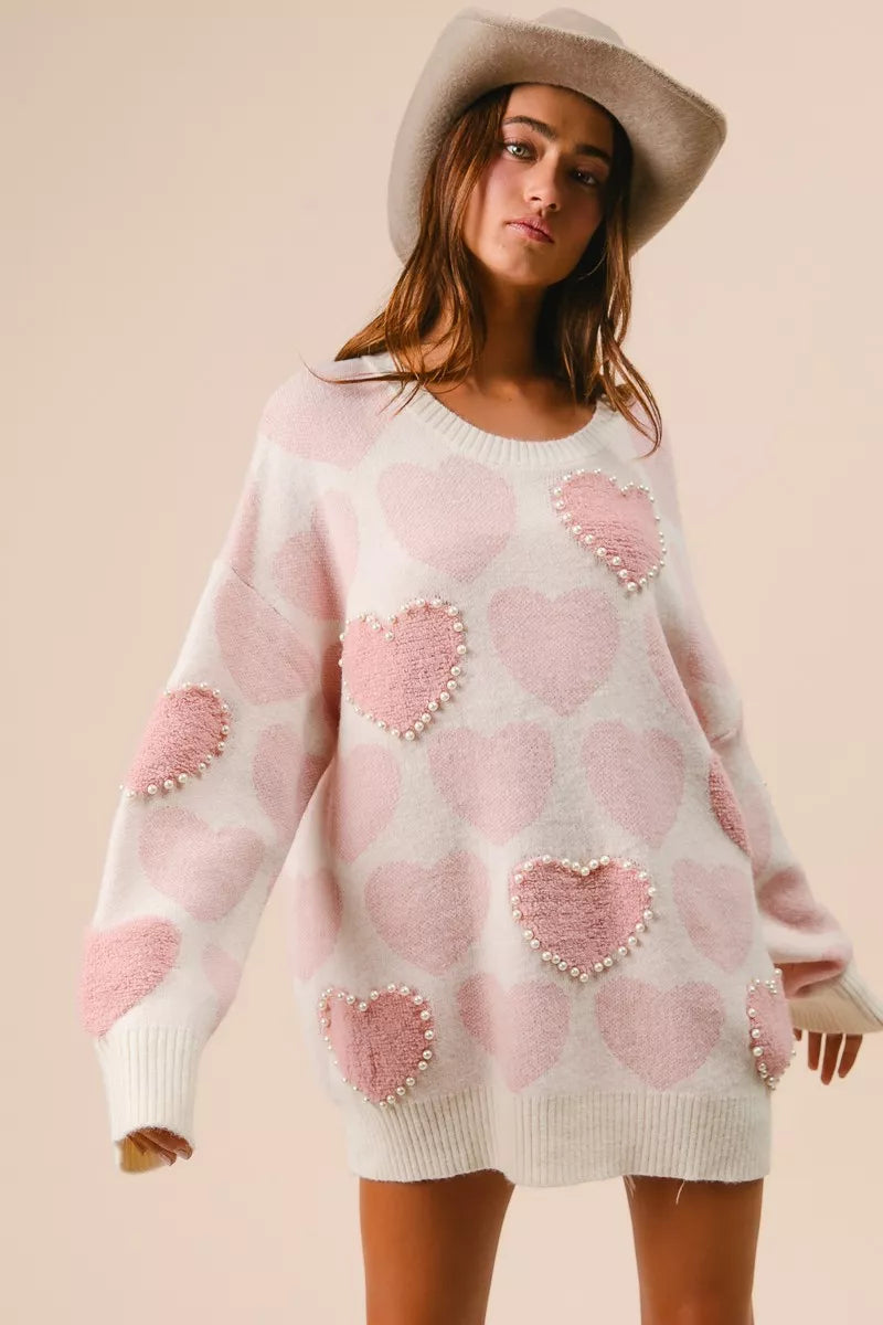 BiBi Heart Pattern Sweater with Pearl Detail - Sydney So Sweet