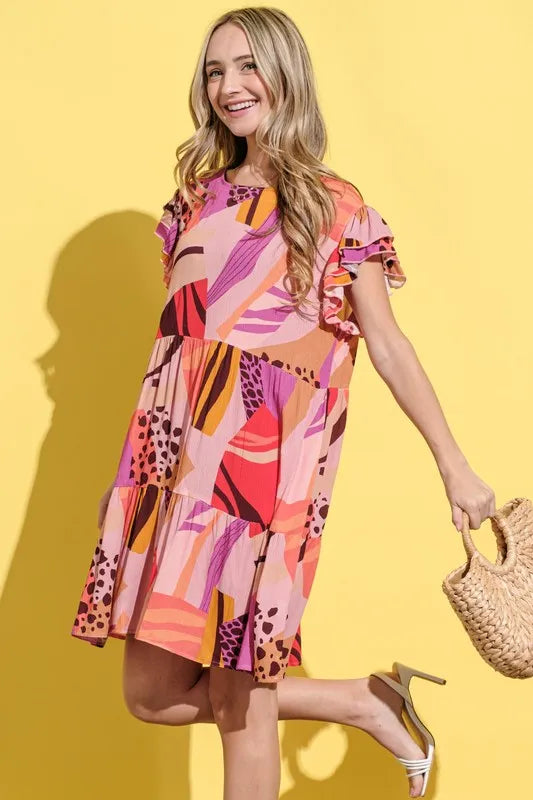And The Why Printed Double Ruffles Sleeve Dress - Sydney So Sweet