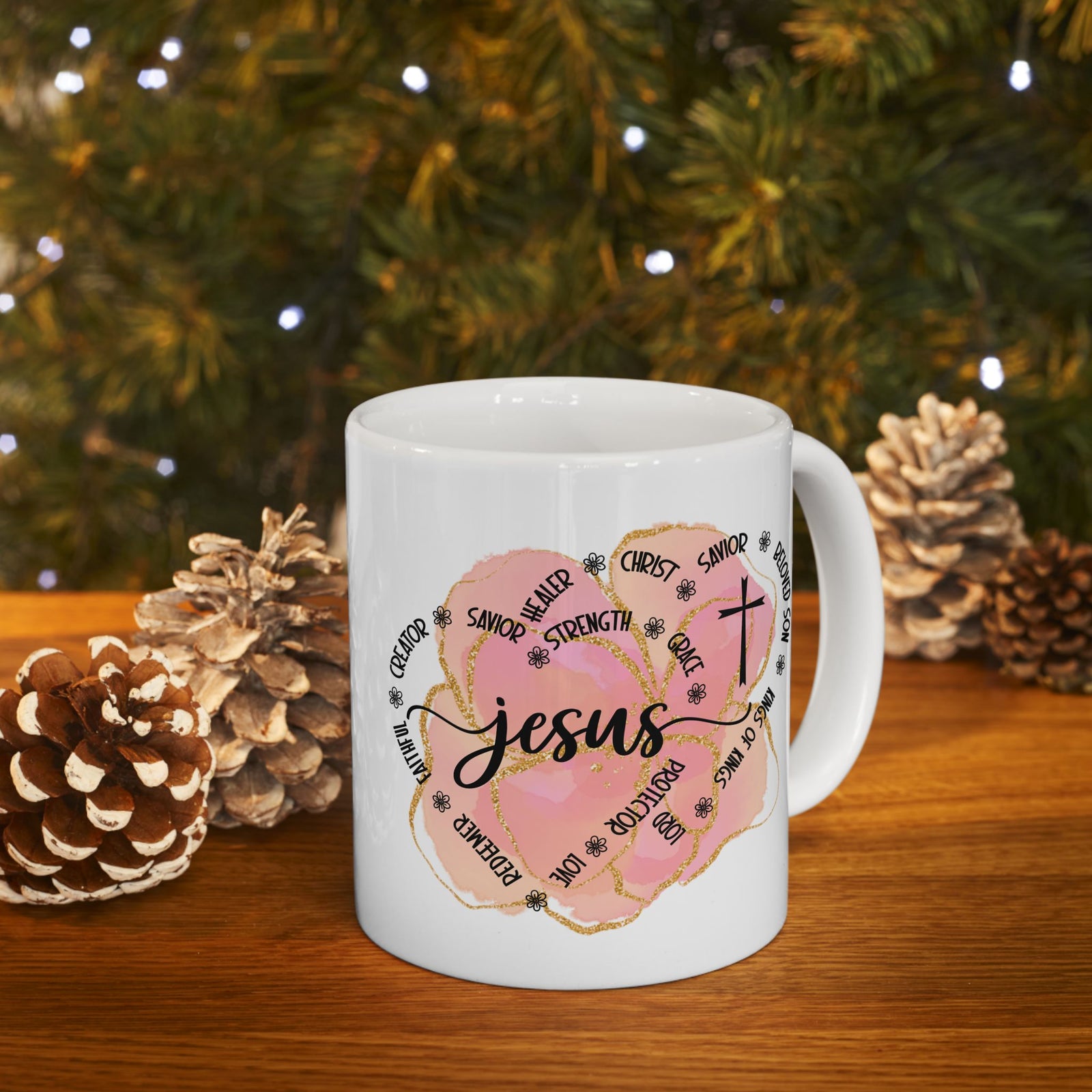 Jesus Strength & Grace Ceramic Mug — Pink Watercolor Cross Inspirational Coffee Cup (11oz/15oz) - Sydney So Sweet