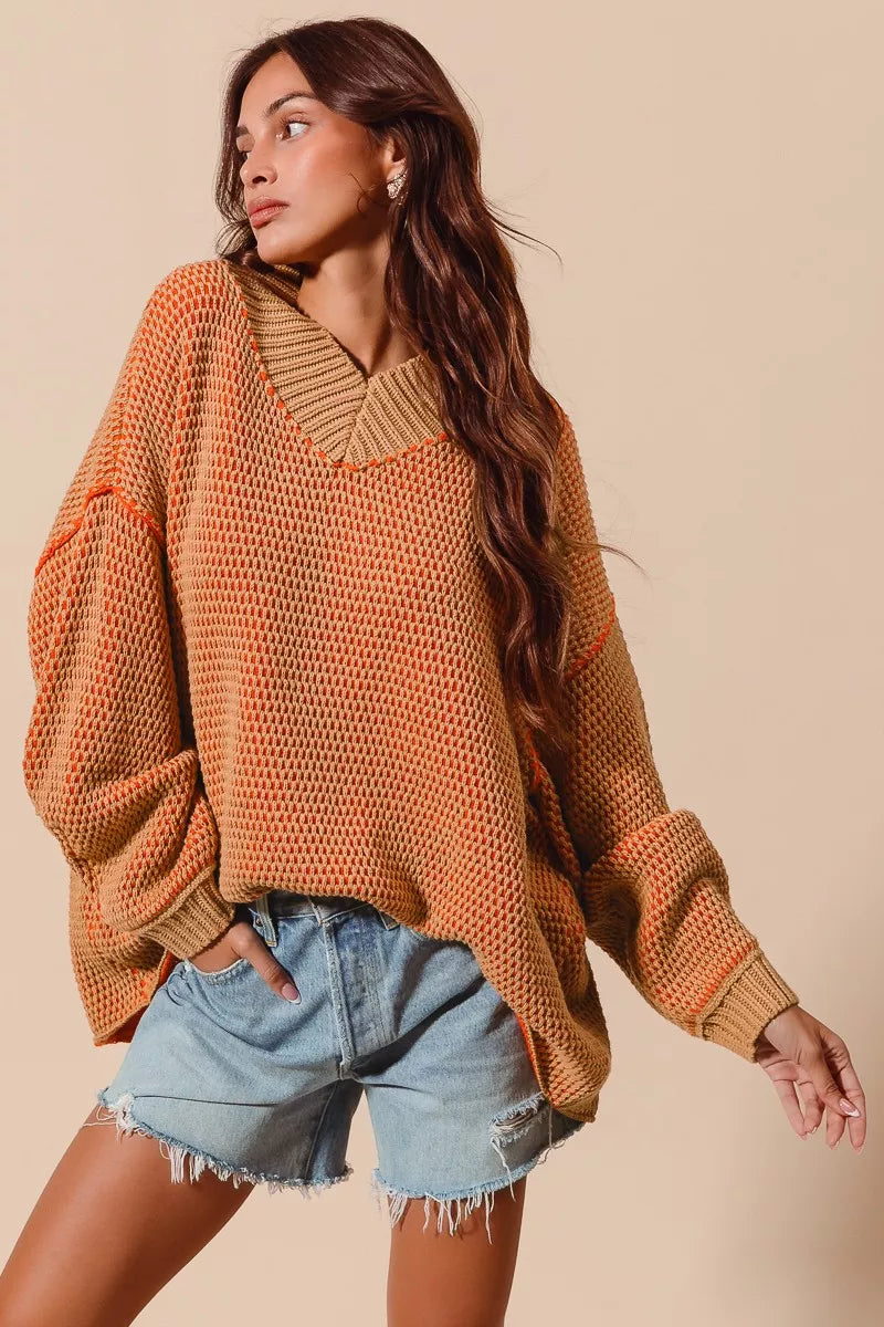 SO ME Oversized Two Tone Textured V Neck Sweater - Sydney So Sweet