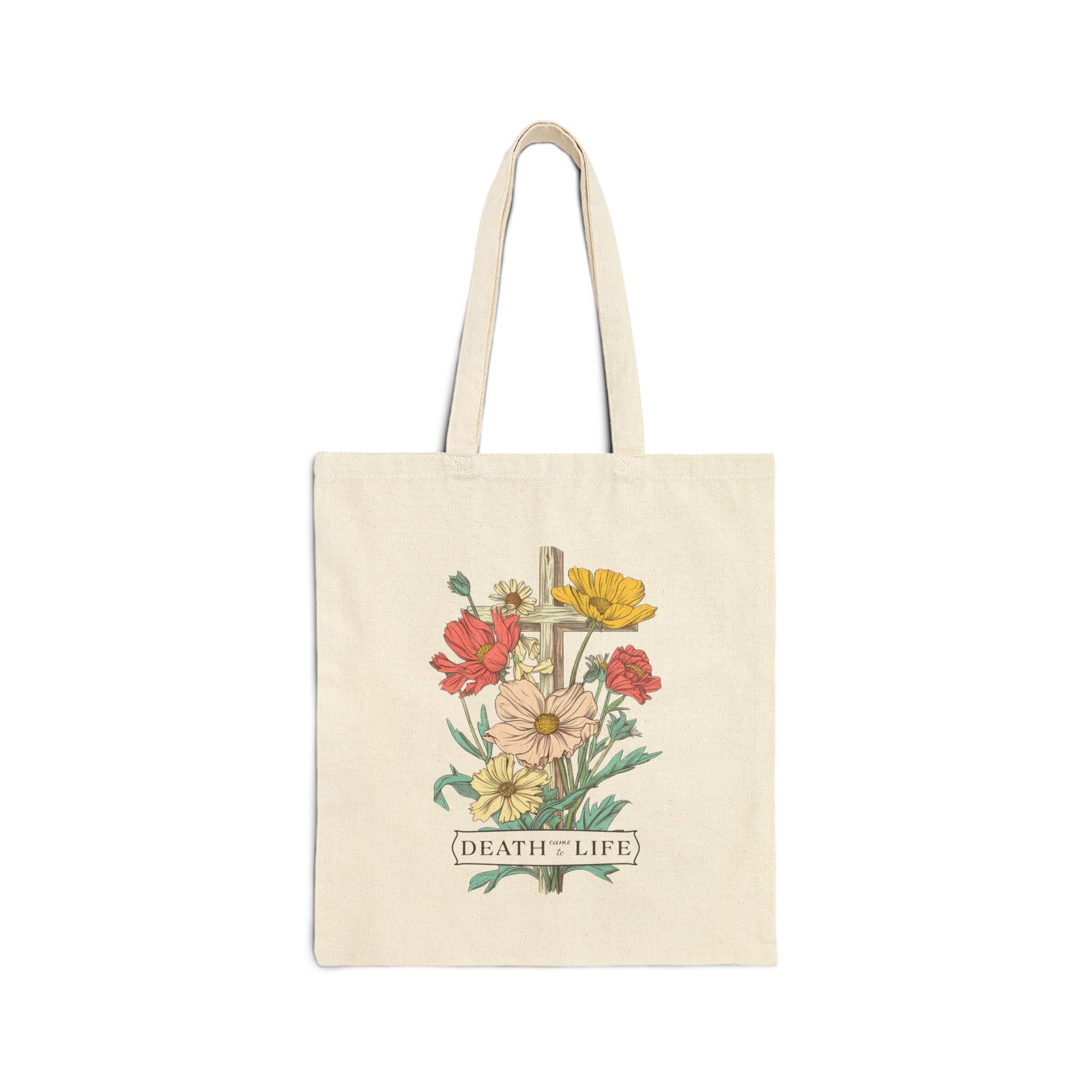 Death to Life Floral Cross Christian Cotton Canvas Church Tote Bag