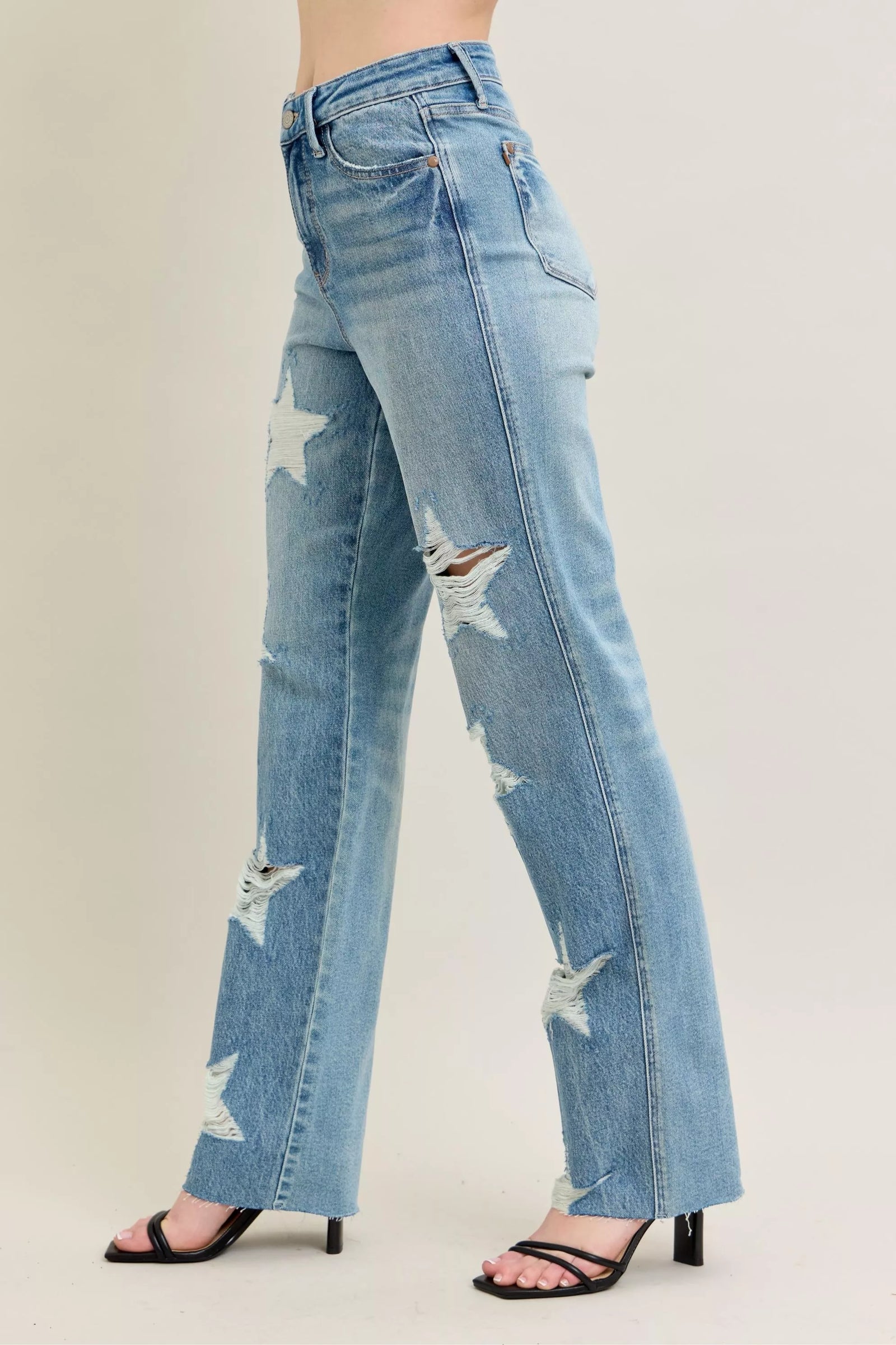 Judy Blue Full Size High Waist Rigid Magic Star Shaped Destroy 90's Straight Jeans Plus Size - Sydney So Sweet
