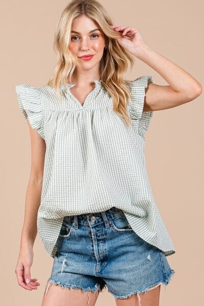 Ces Femme Plaid Notched Ruffled Cap Sleeve Blouse - Sydney So Sweet