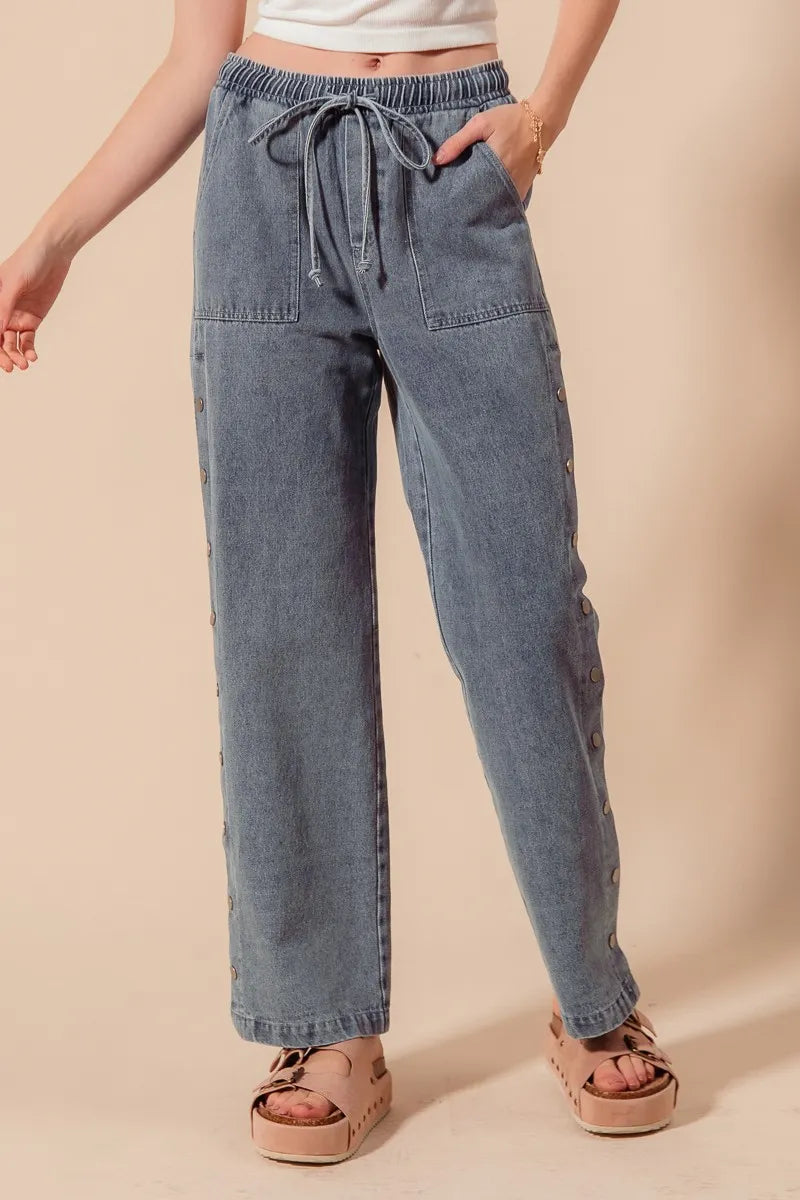 SO ME Mid Rise Drawstring Jeans with Side Snap Button - Sydney So Sweet