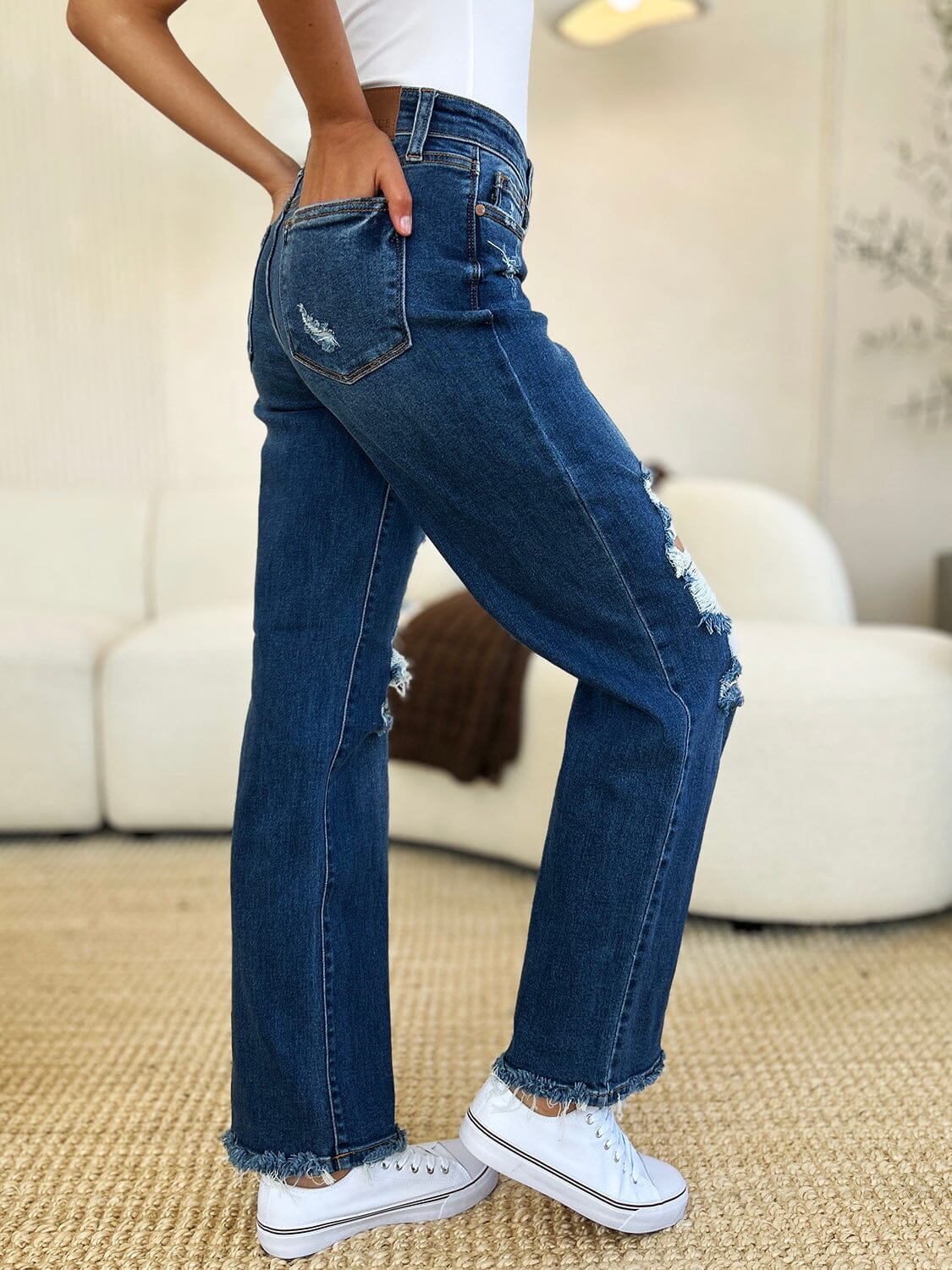 Judy Blue Full Size Mid Rise Distressed Raw Hem Jeans - Sydney So Sweet