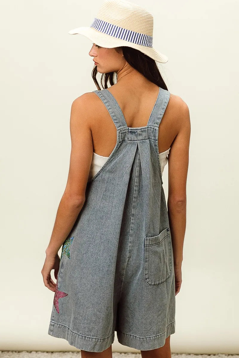 BiBi Star Rhinestone Washed Wide Leg Shortalls - Sydney So Sweet
