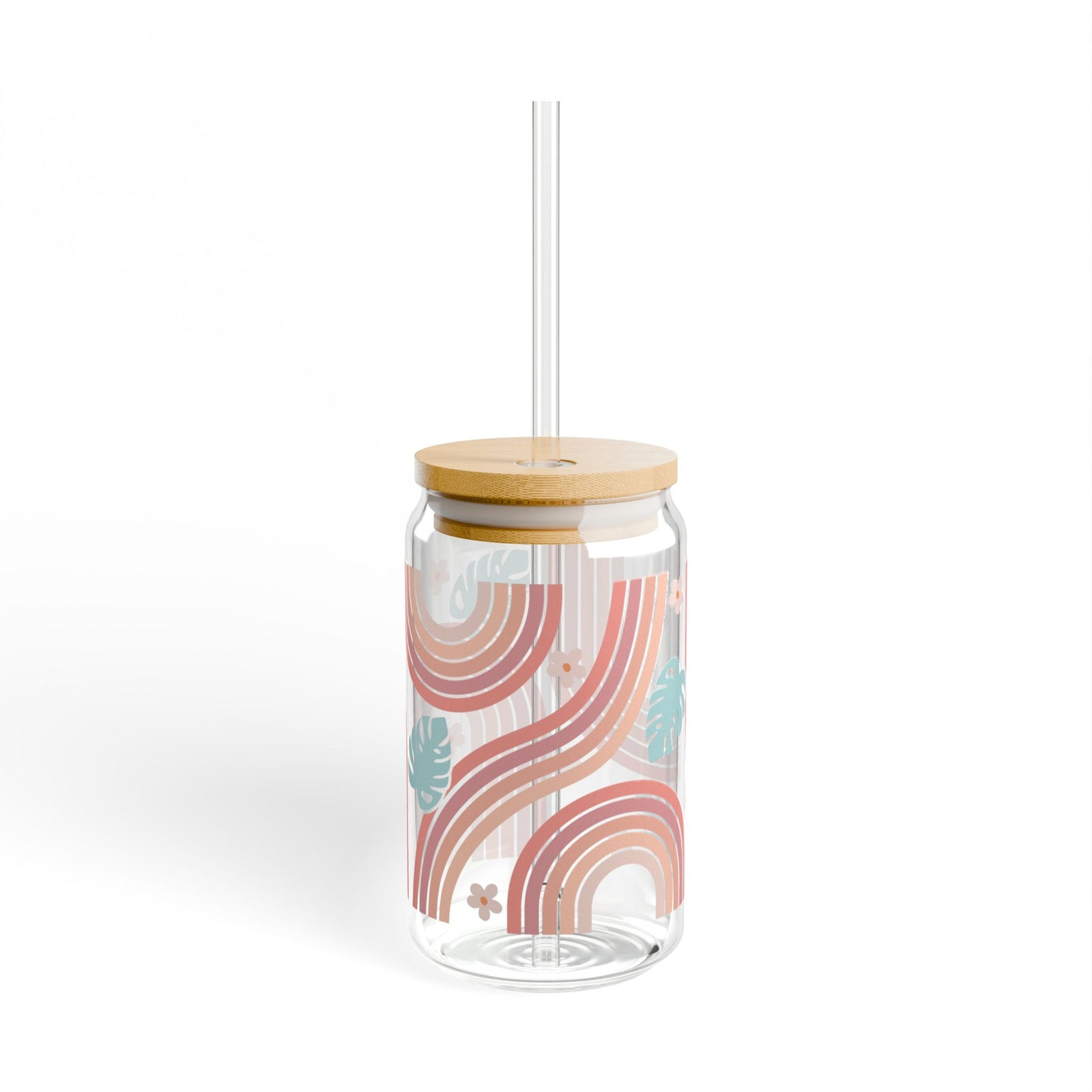 Boho Retro Rainbow Tumbler Sipper Glass 16oz — Reusable Drink Jar with Lid & Straw