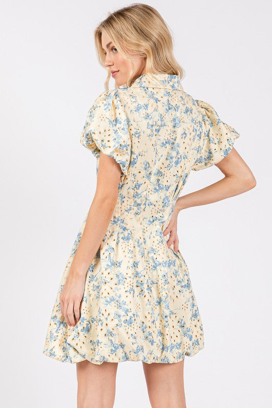 GeeGee Floral Eyelet Zipper Front Puff Sleeve Mini Dress - Sydney So Sweet