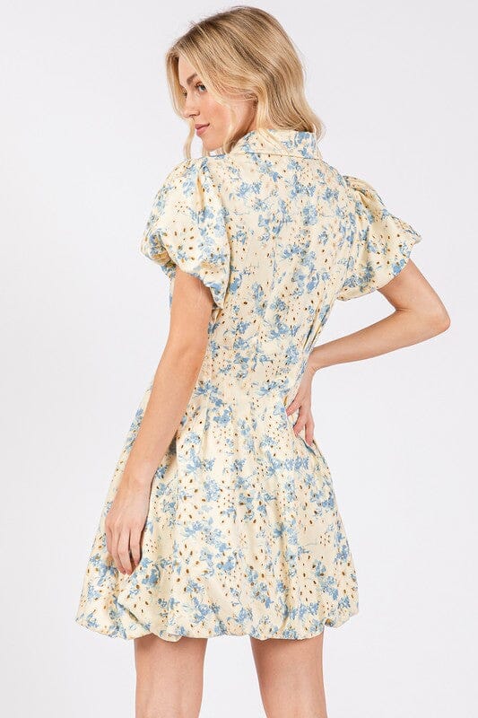 GeeGee Floral Eyelet Zipper Front Puff Sleeve Mini Dress - Sydney So Sweet