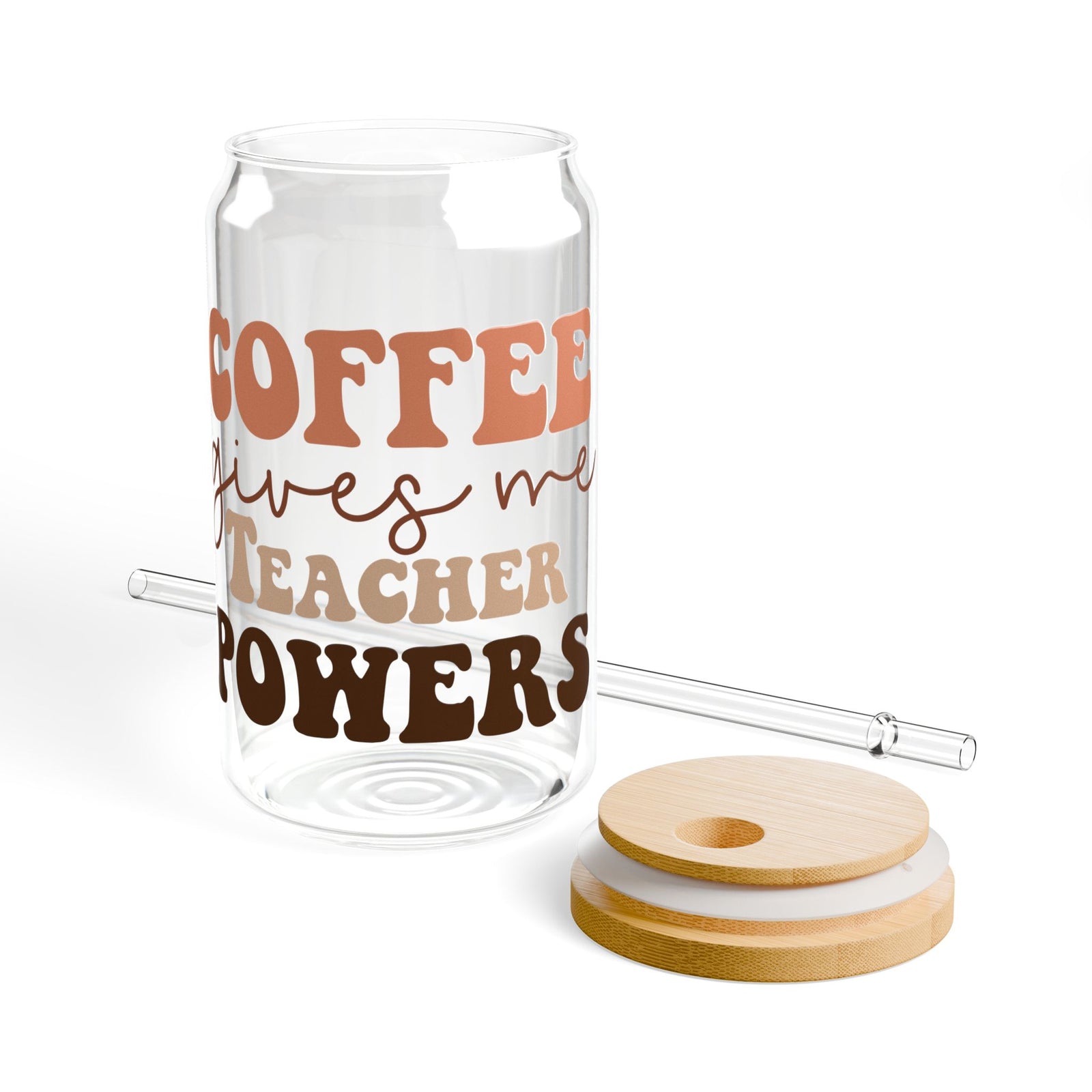 Coffee Gives Me Teacher Powers Sipper Glass 16oz Reusable Drink Jar with Lid & Straw