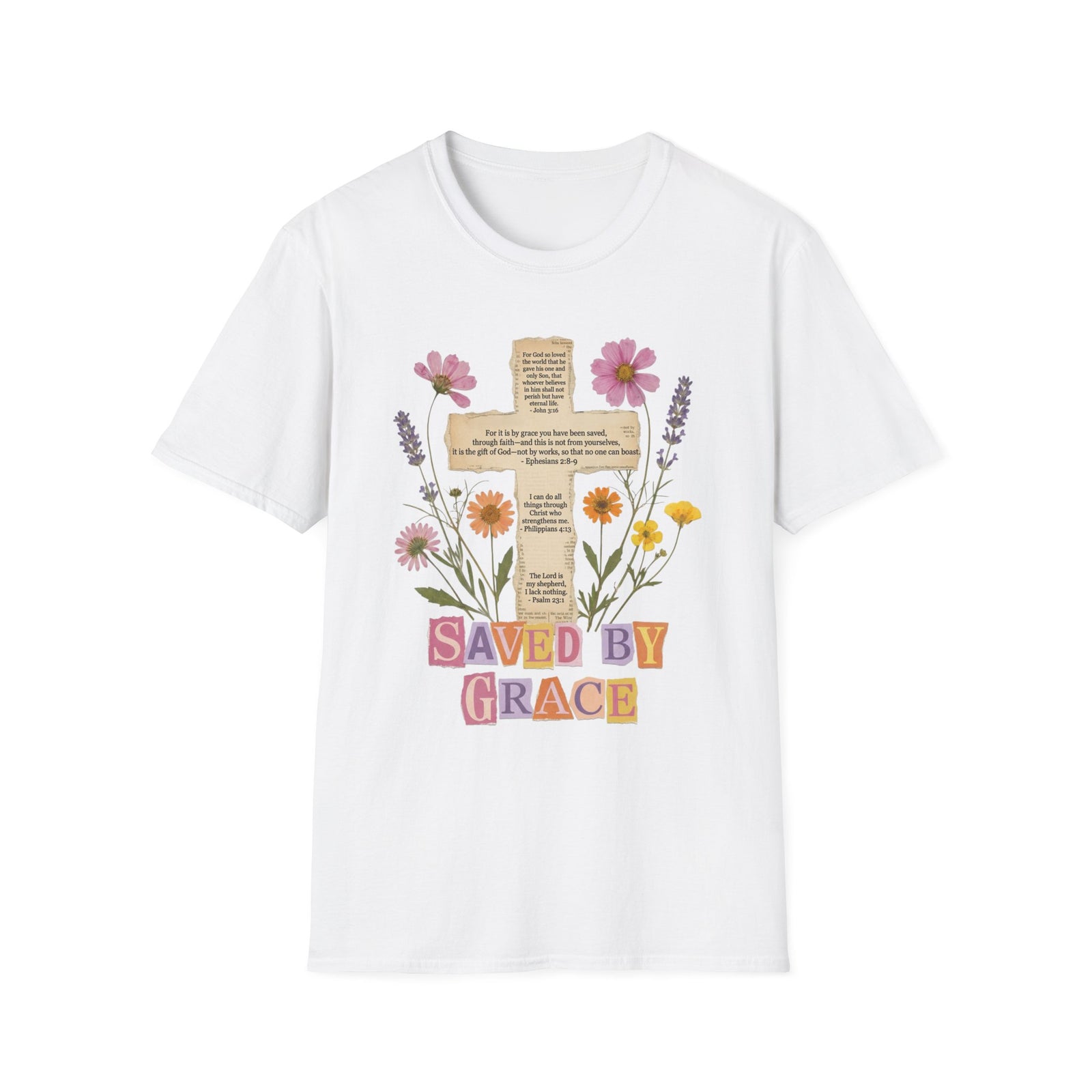 Saved by Grace Collage Floral Cross Tee Bible Verse Christian T-Shirt