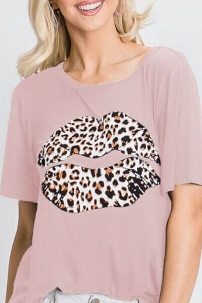 Heimish Full Size Leopard Lip Round Neck Short Sleeve T-Shirt Plus Size - Sydney So Sweet