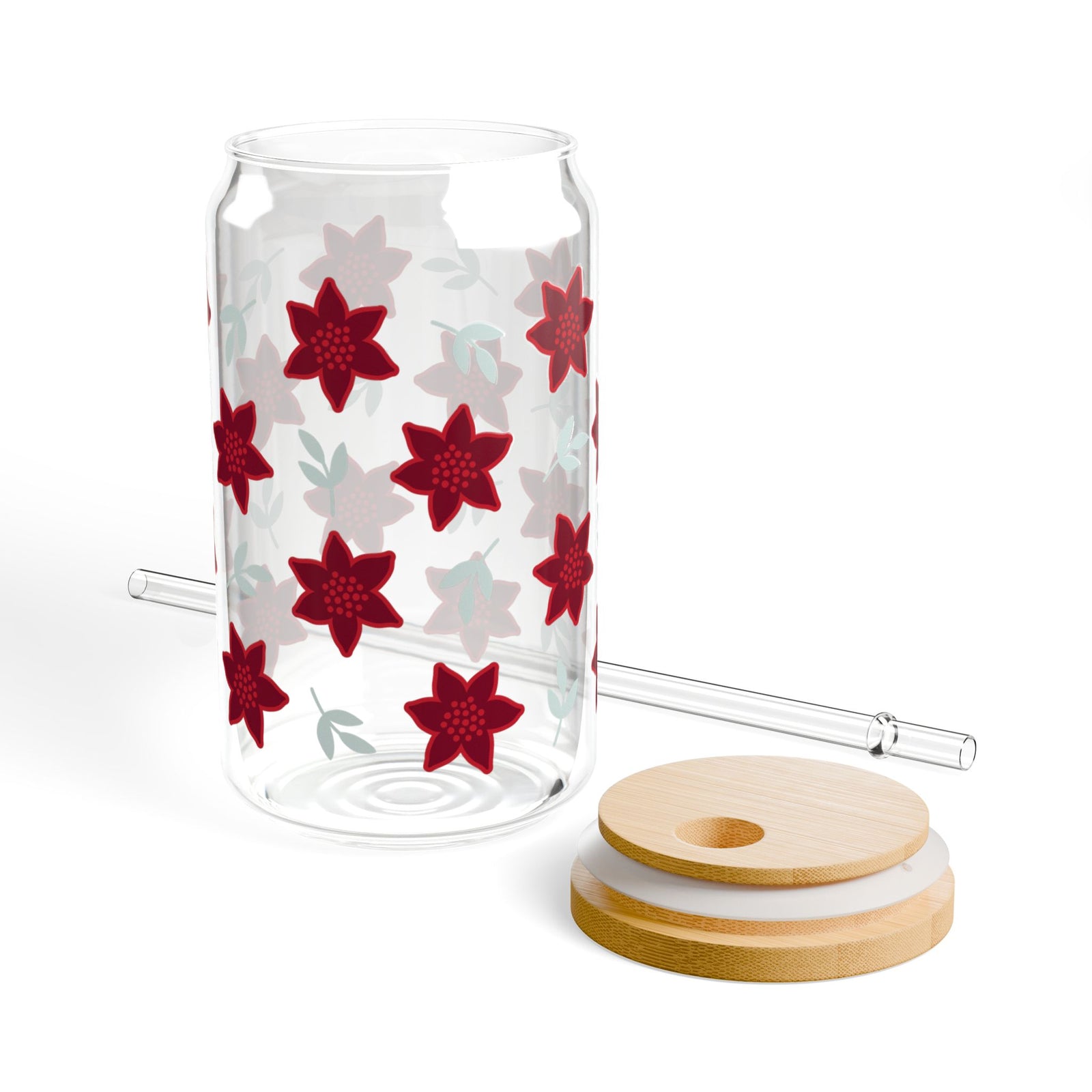 Poinsettia Christmas Flowers 16 oz reusable glass drink jar with lid and straw