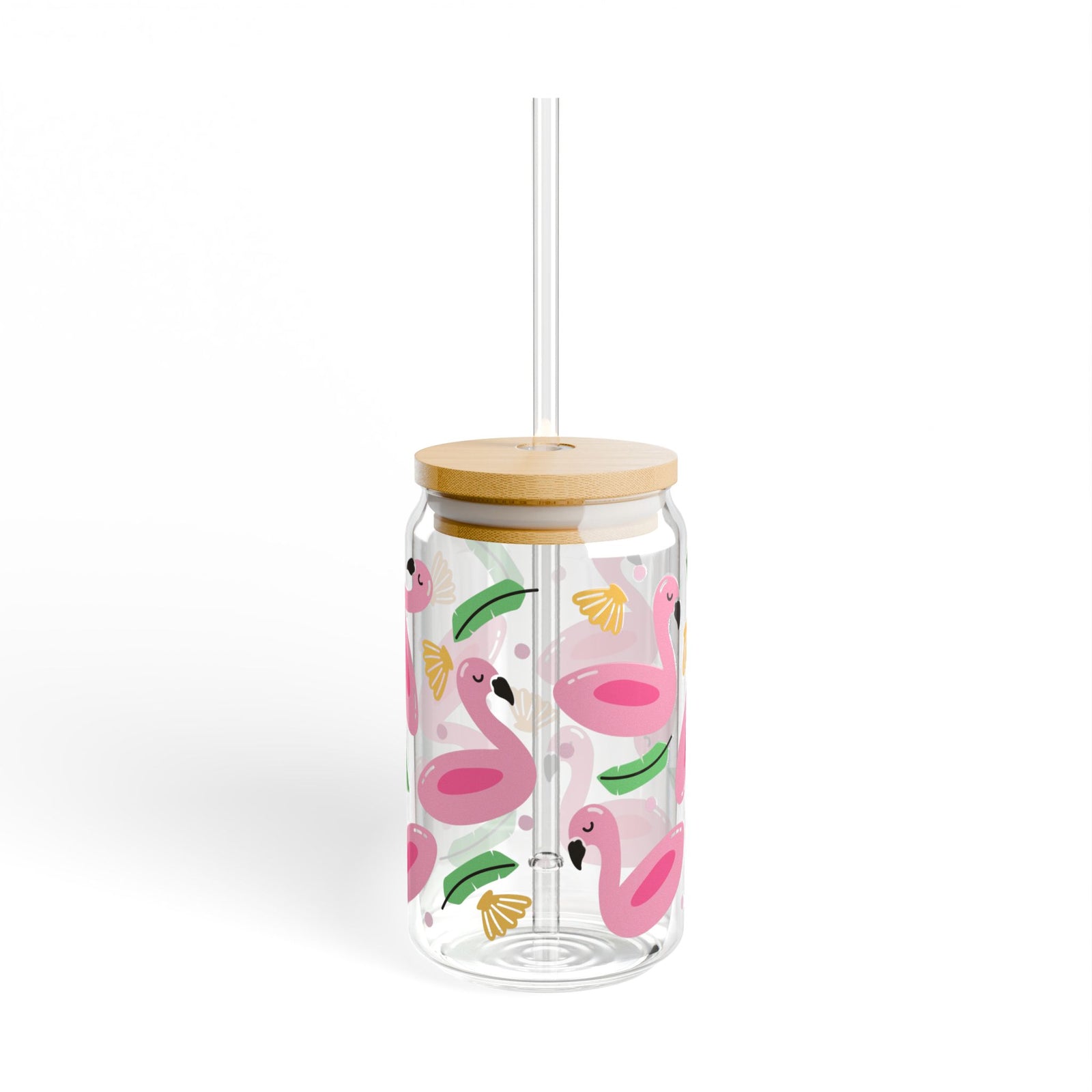 Flamingo Float Tumbler Sipper Glass 16oz — Reusable Drink Jar with Lid & Straw