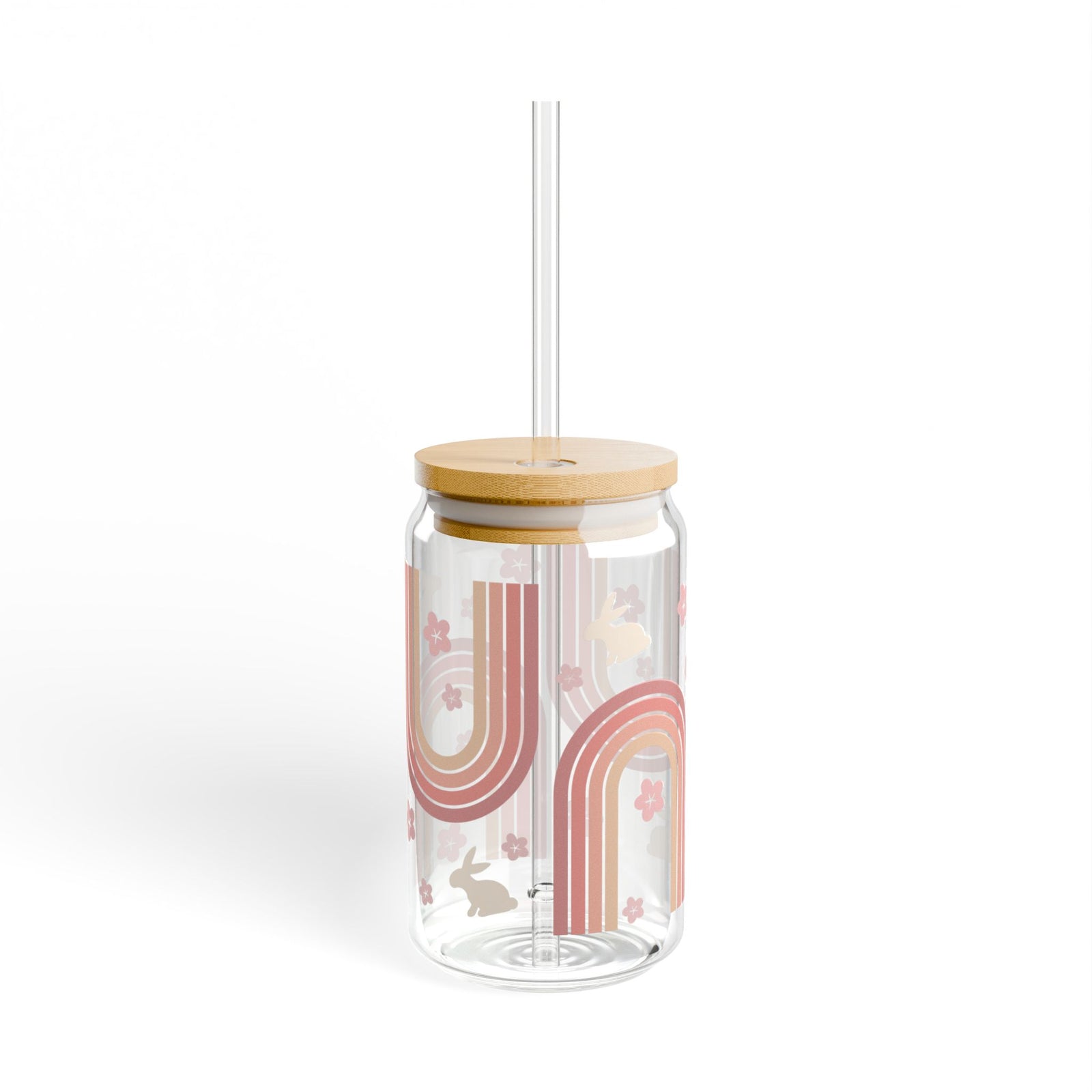 Retro Rainbow Bunny Tumbler Sipper Glass 16oz — Reusable Drink Jar with Lid & Straw