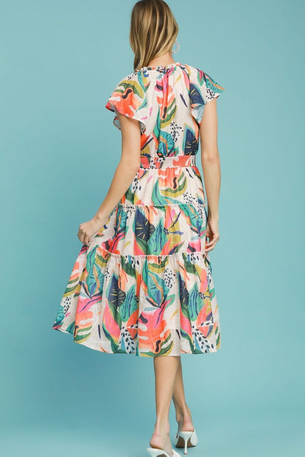 Umgee Full Size Leaf Print Cap Sleeve Tiered Midi Dress Plus Size - Sydney So Sweet