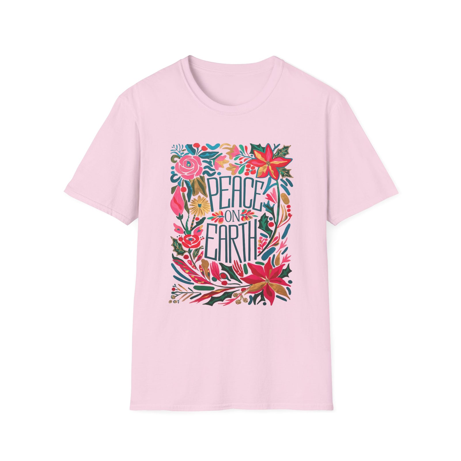 Peace on Earth Bright Christmas Florals Tee Graphic T-Shirt