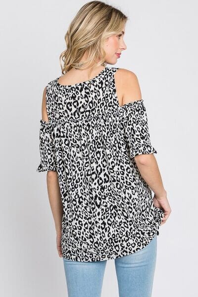 Heimish Full Size Leopard Round Neck Cold Shoulder T-Shirt Plus Size - Sydney So Sweet