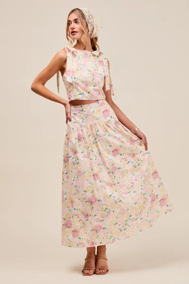 SO ME Floral Printed Woven Shoulder Bow Tie Top and Skirt Set - Sydney So Sweet
