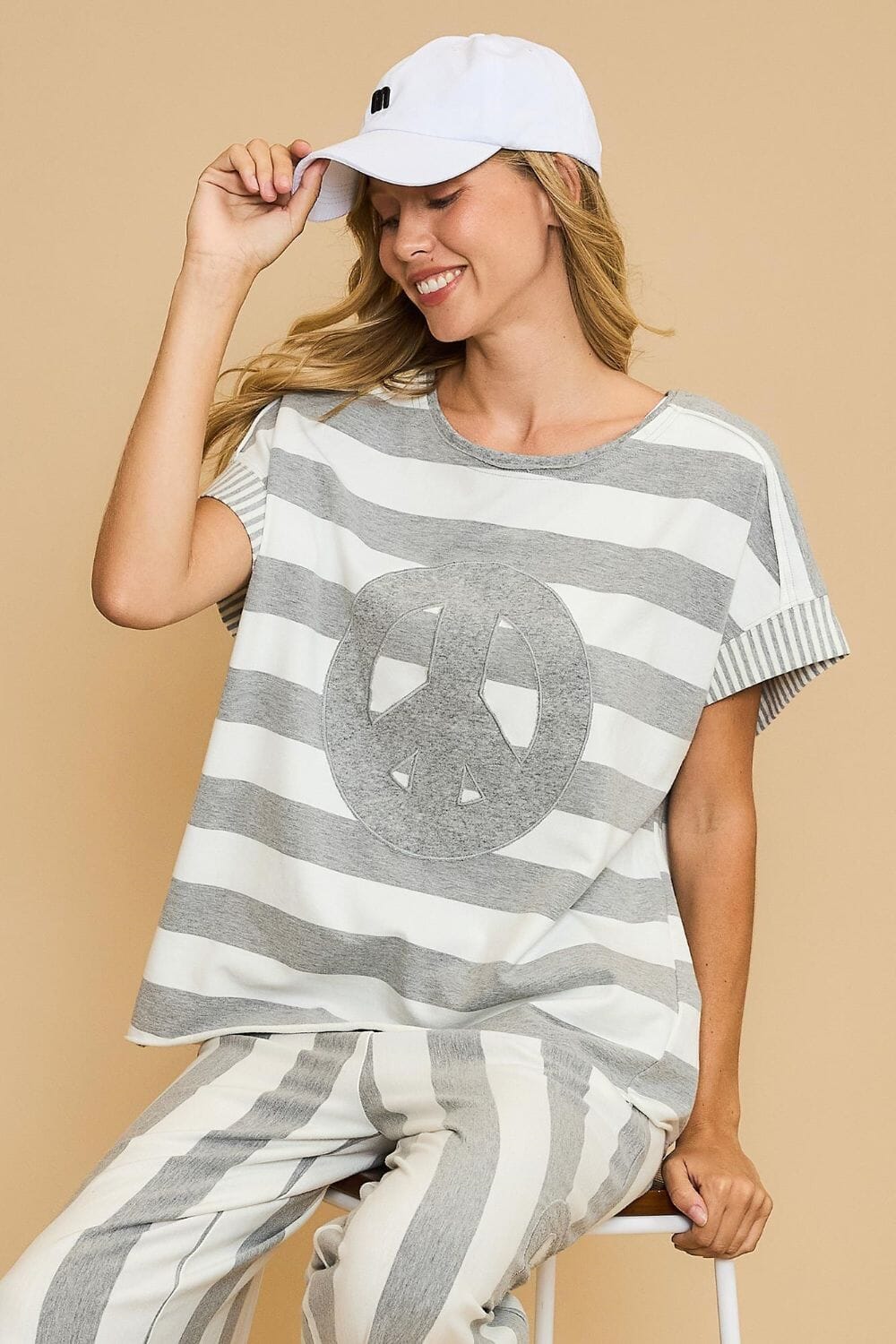 Umgee Peace Sign Patch Striped French Terry T-Shirt - Sydney So Sweet