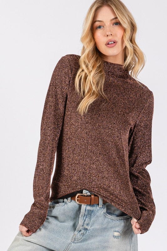 SAGE + FIG Glitter Mock Neck Lettuce Hem Long Sleeve Top - Sydney So Sweet