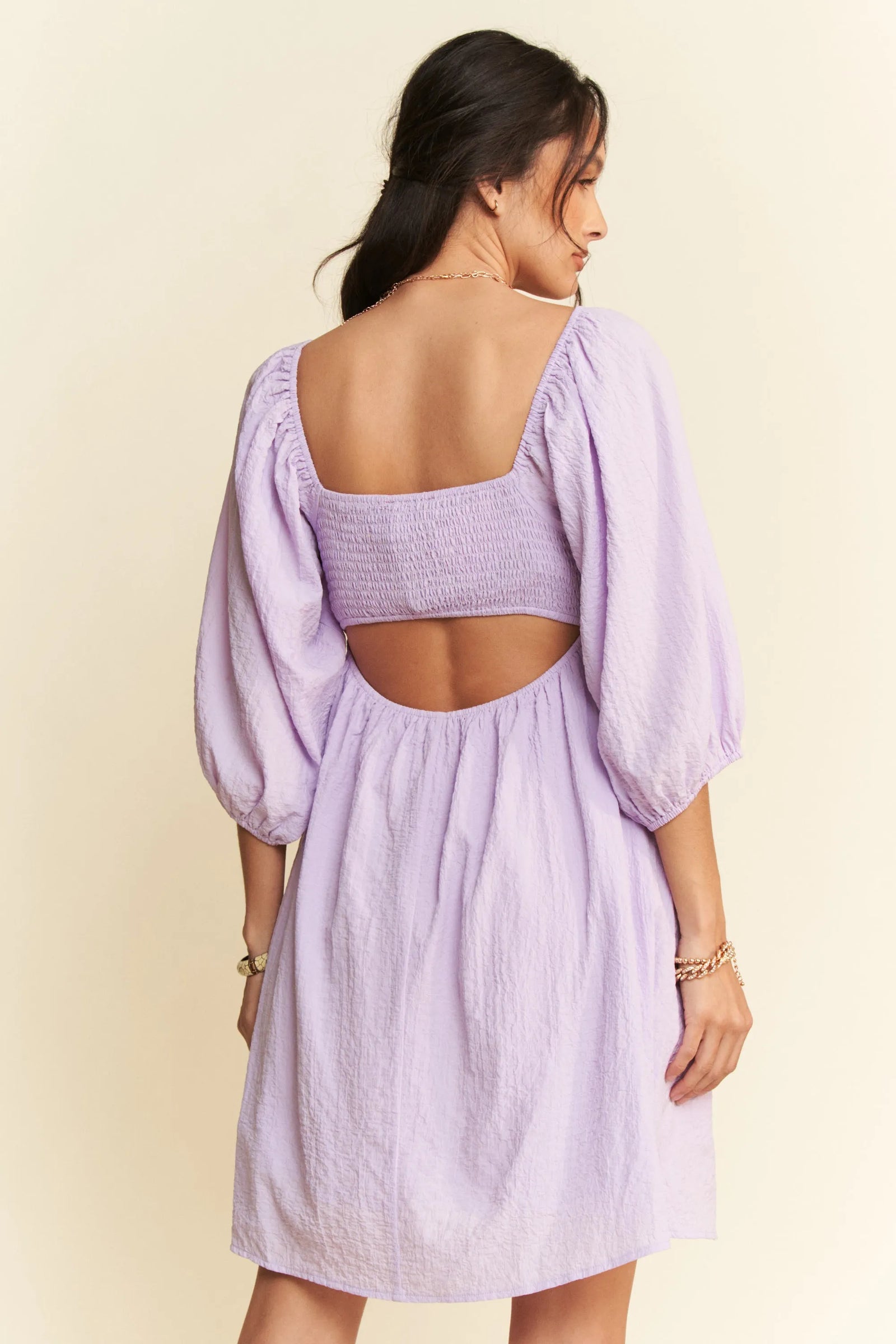 Davi & Dani Self-Tie Puff Sleeve Smocking Open Back Mini Dress - Sydney So Sweet