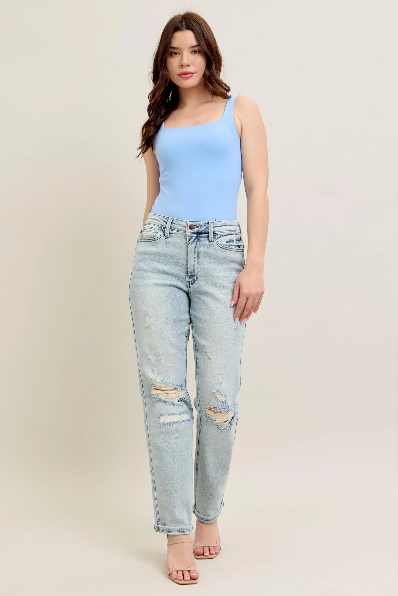Judy Blue Full Size Mr Repair Stitch Detail Destroy Single Cuff Bf Jeans Plus Size - Sydney So Sweet