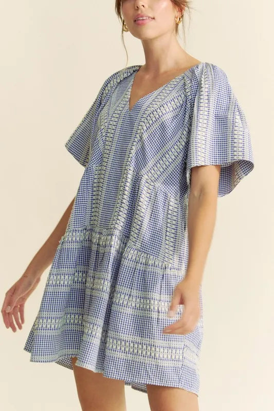 Davi & Dani Embroidered Stripe Ruffled Gingham Mini Dress - Sydney So Sweet