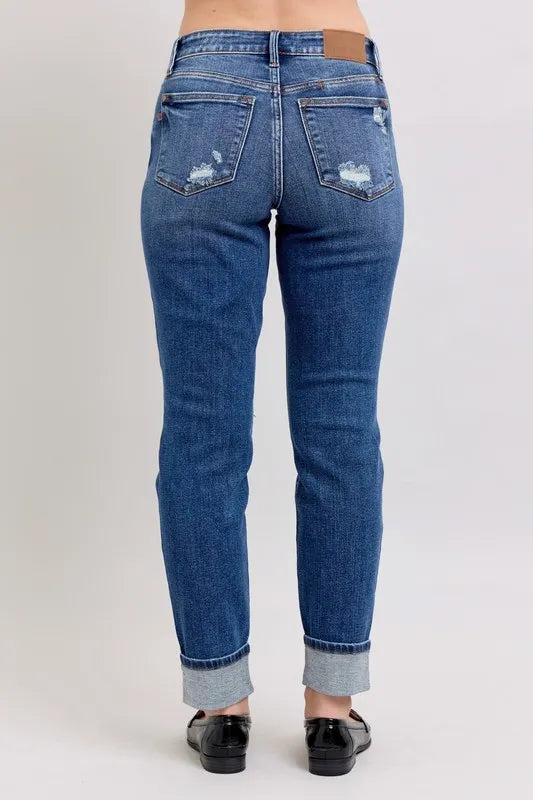 Judy Blue Full Size Mid Rise Boyfriend destroy Jeans with Yoke Pockets and Faux Selvedge Cuff Plus Size - Sydney So Sweet