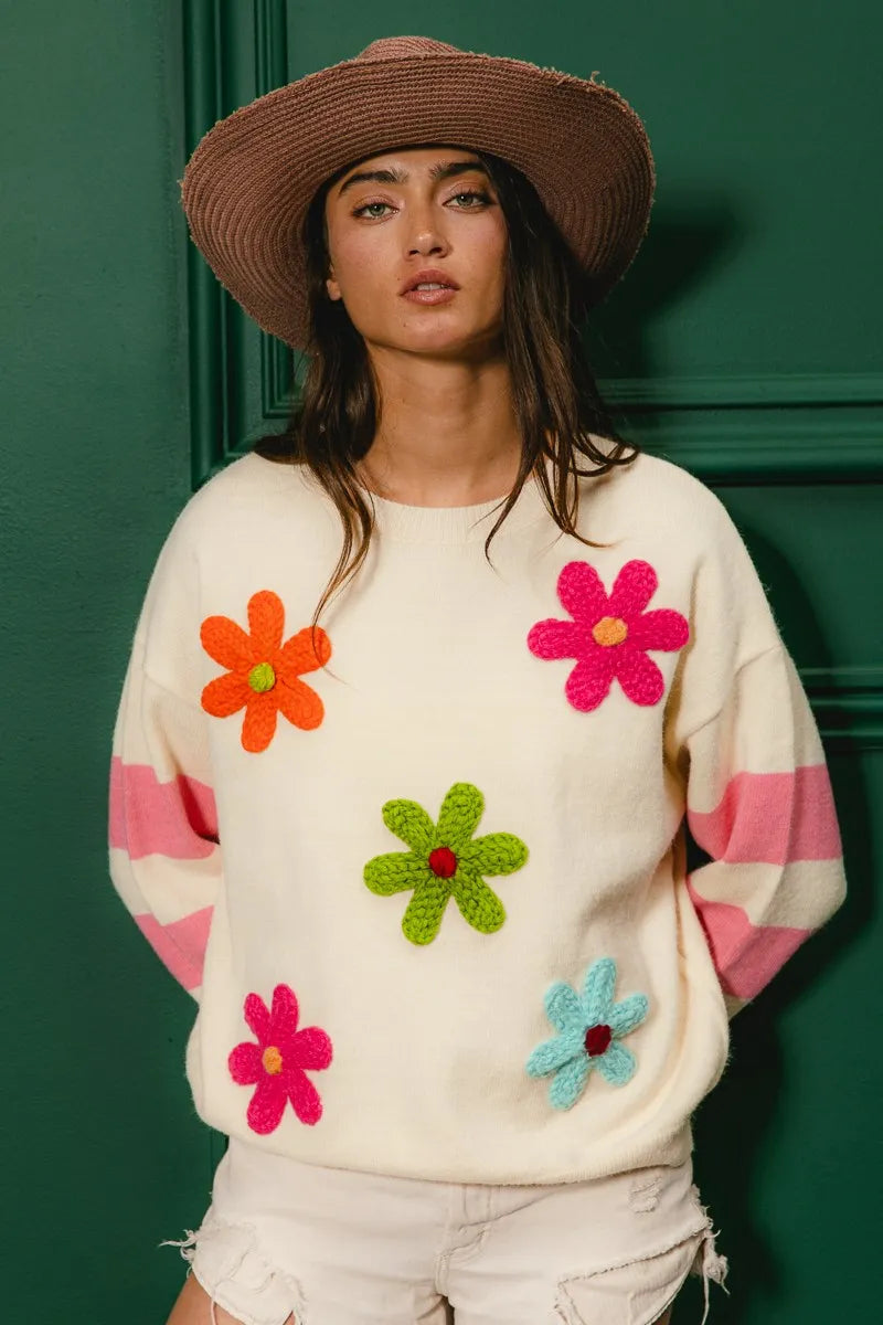 BiBi Colorful Floral Patched Sweater with Striped Sleeve - Sydney So Sweet