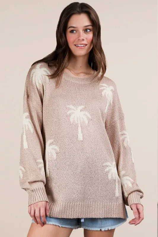 VERY J Palm Tree Graphic Oversized Knit Sweater - Sydney So Sweet