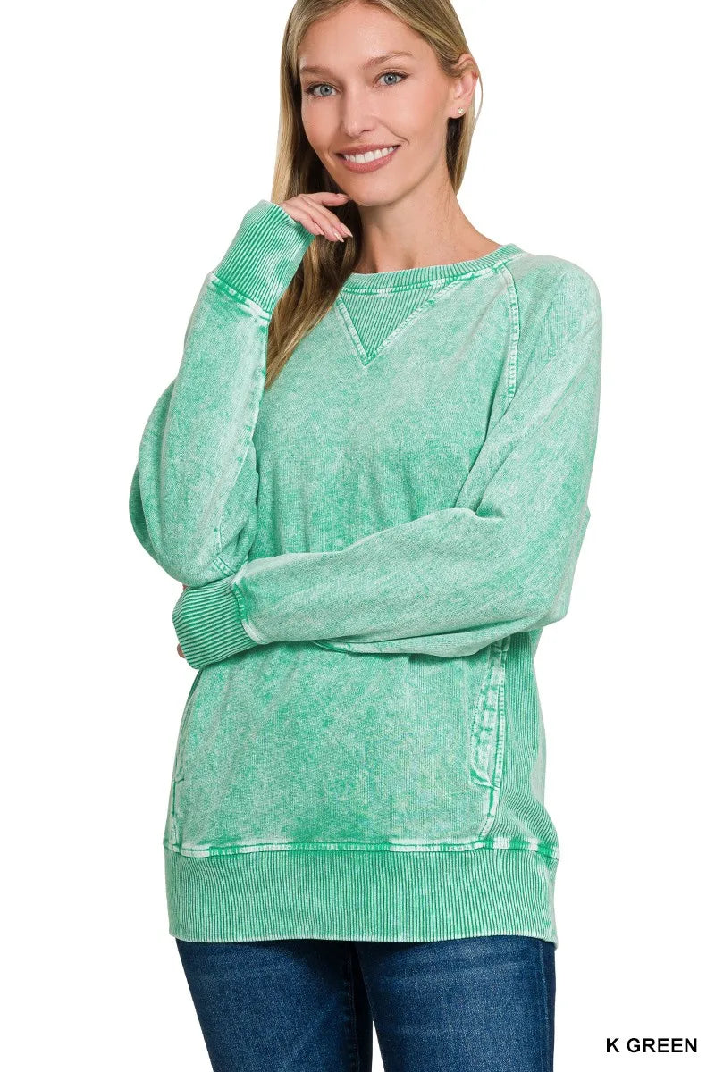 Zenana Halo Snow Washed French Terry Round Neck Sweatshirt - Sydney So Sweet