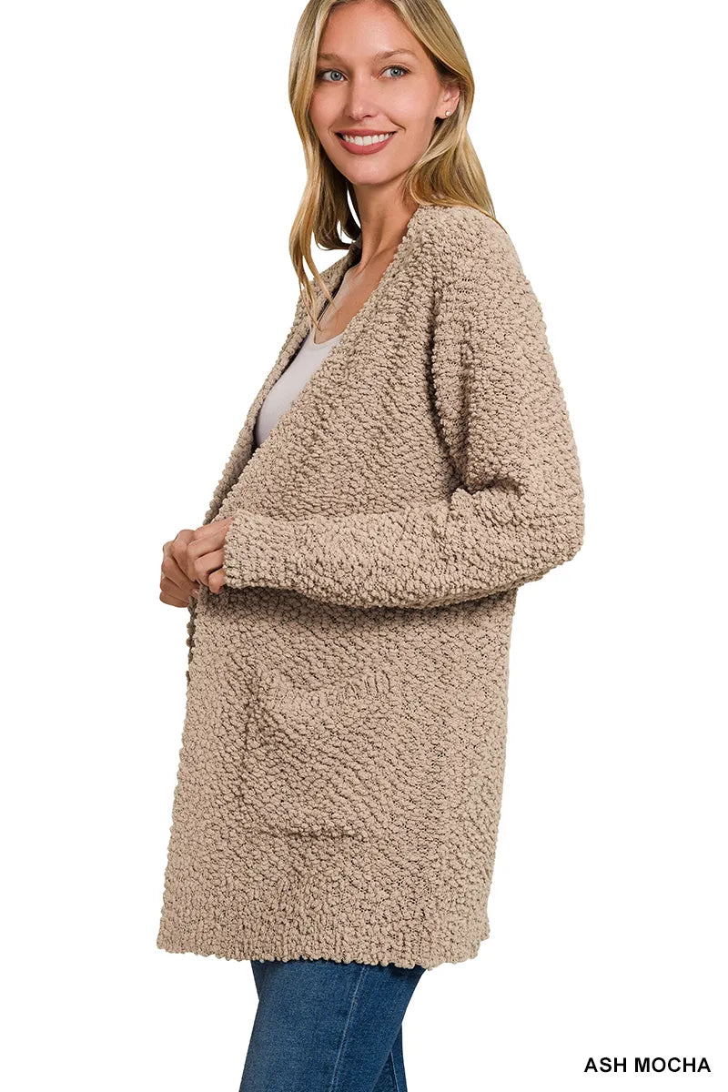 Zenana Long Sleeve Popcorn Sweater Cardigan with Pockets - Sydney So Sweet