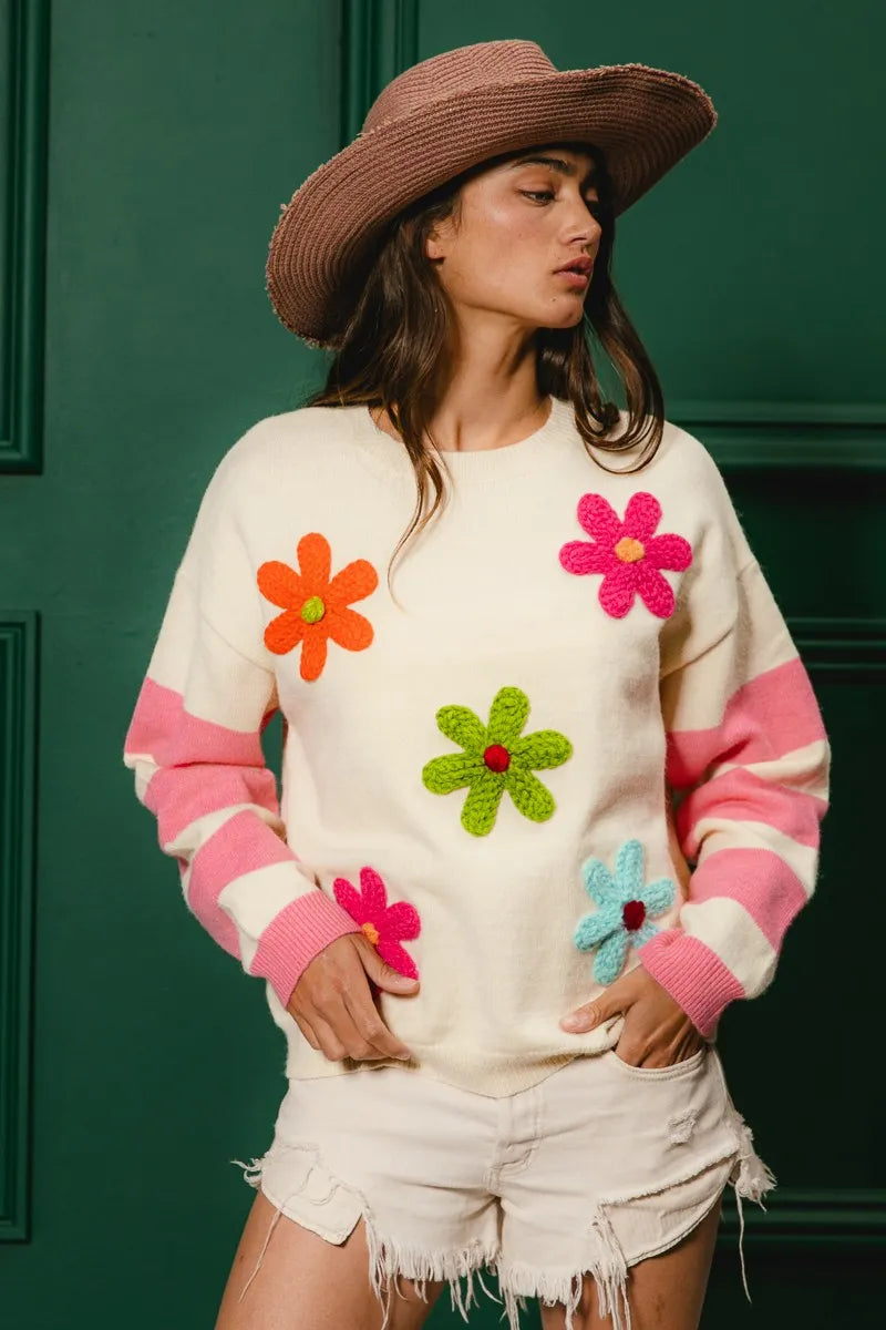 BiBi Colorful Floral Patched Sweater with Striped Sleeve - Sydney So Sweet