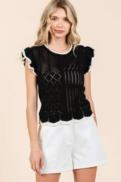 Mittoshop Openwork Contrast Trim Ruffled Cap Sleeve Knit Top - Sydney So Sweet
