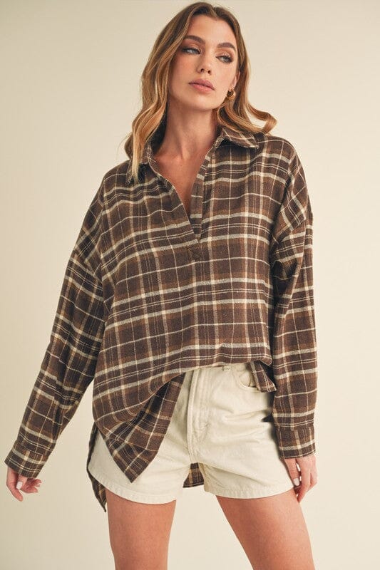 Aemi + Co Side Slit High-Low Plaid Long Sleeve Polo Shirt - Sydney So Sweet
