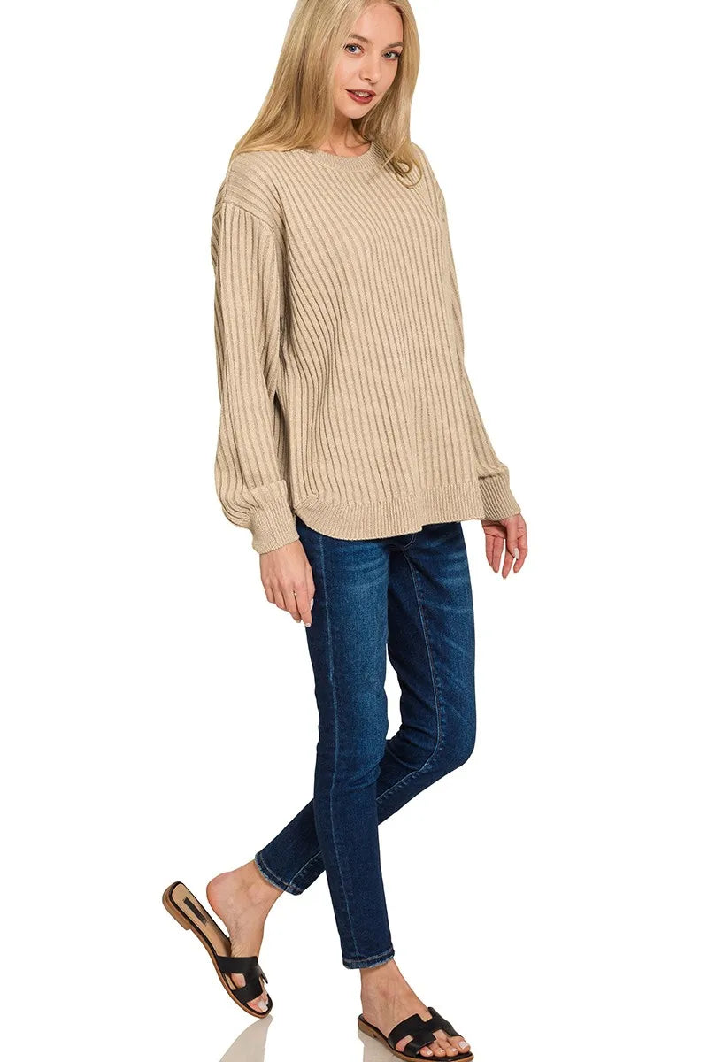 Zenana Curved Hem Two-Tone Ribbed Sweater - Sydney So Sweet