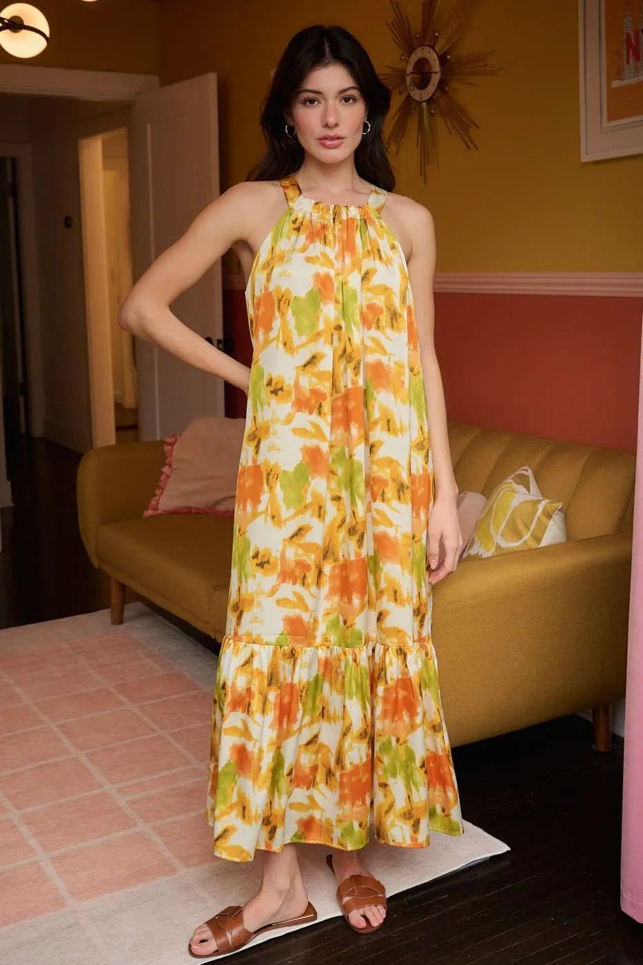 Mittoshop Watercolor Print Halter Neck Satin Maxi Dress - Sydney So Sweet