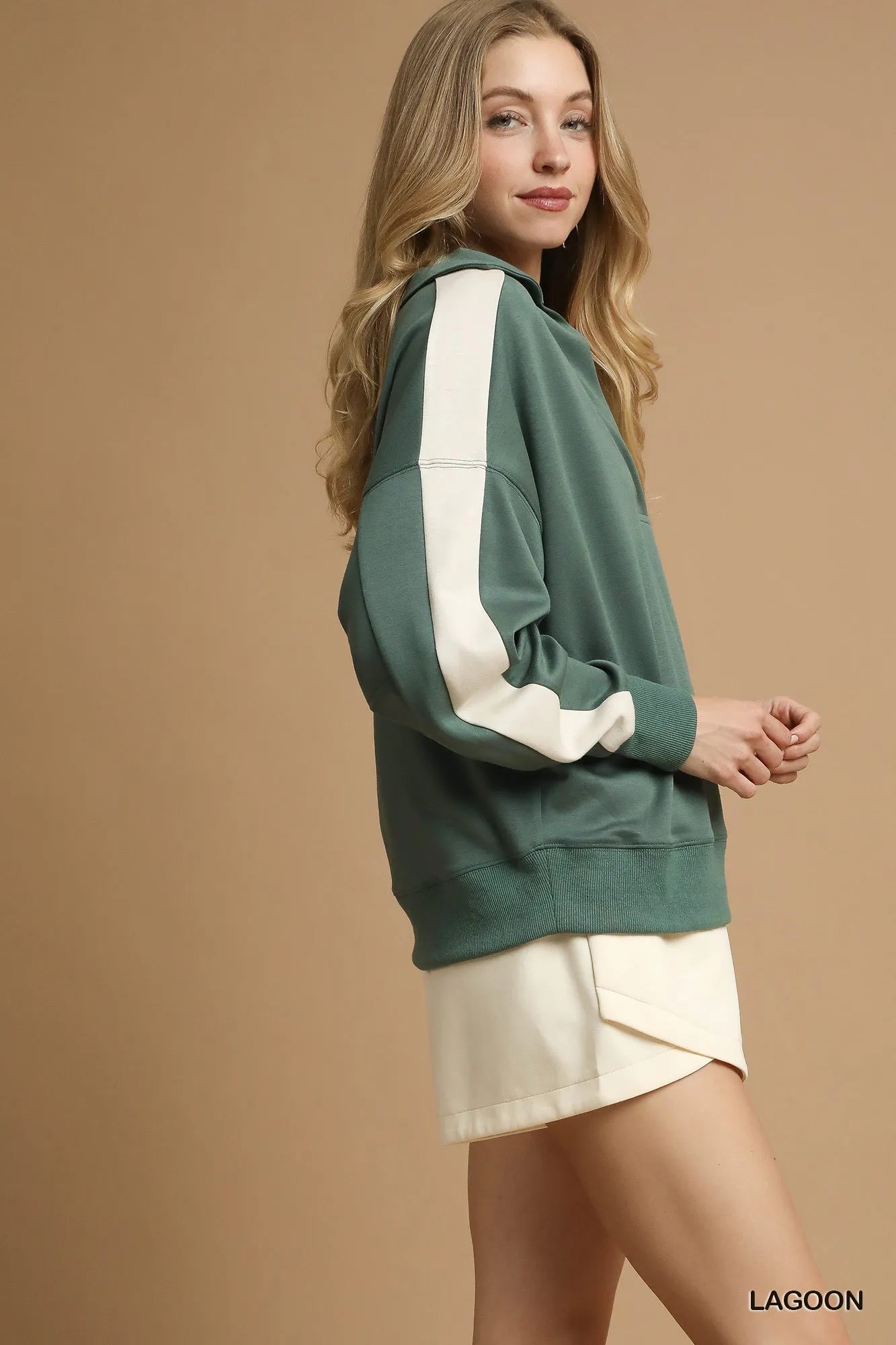 Umgee Contrast Long Sleeve Sweatshirt with Collar - Sydney So Sweet