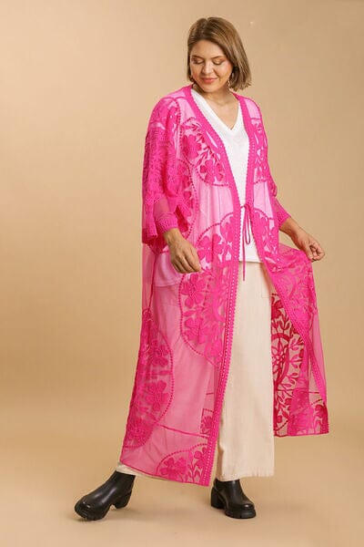 Umgee Full Size Floral Lace Open Front Long Kimono with Waist Tie Plus Size - Sydney So Sweet