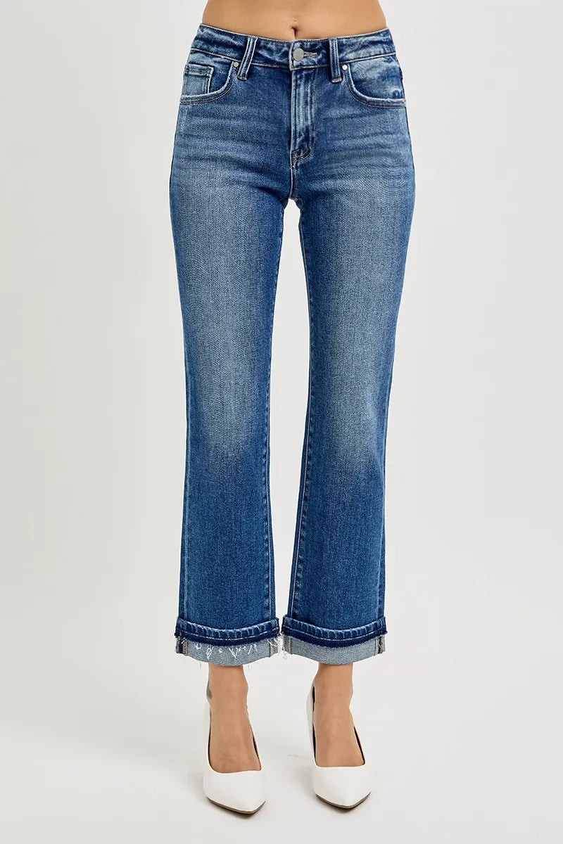 RISEN Mid Rise Ankle Straight Cuffed Jeans - Sydney So Sweet