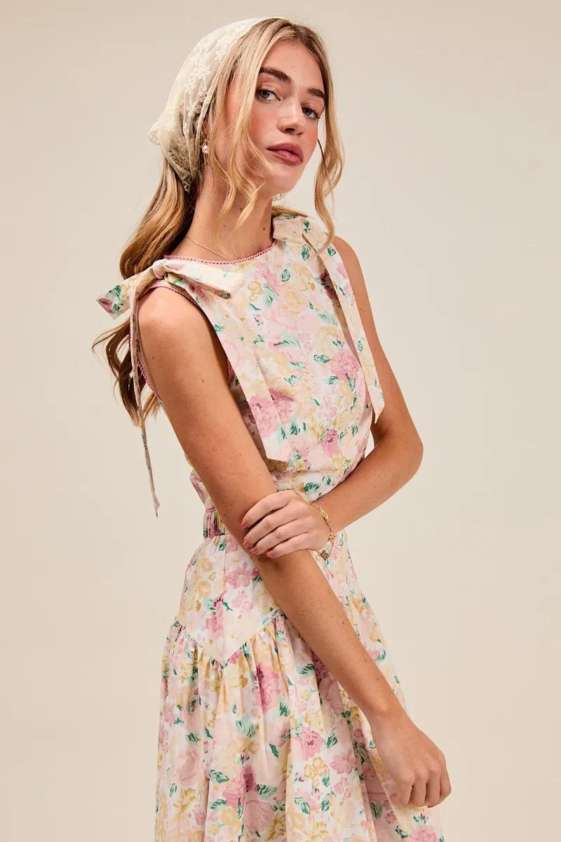 SO ME Floral Printed Woven Shoulder Bow Tie Top and Skirt Set - Sydney So Sweet