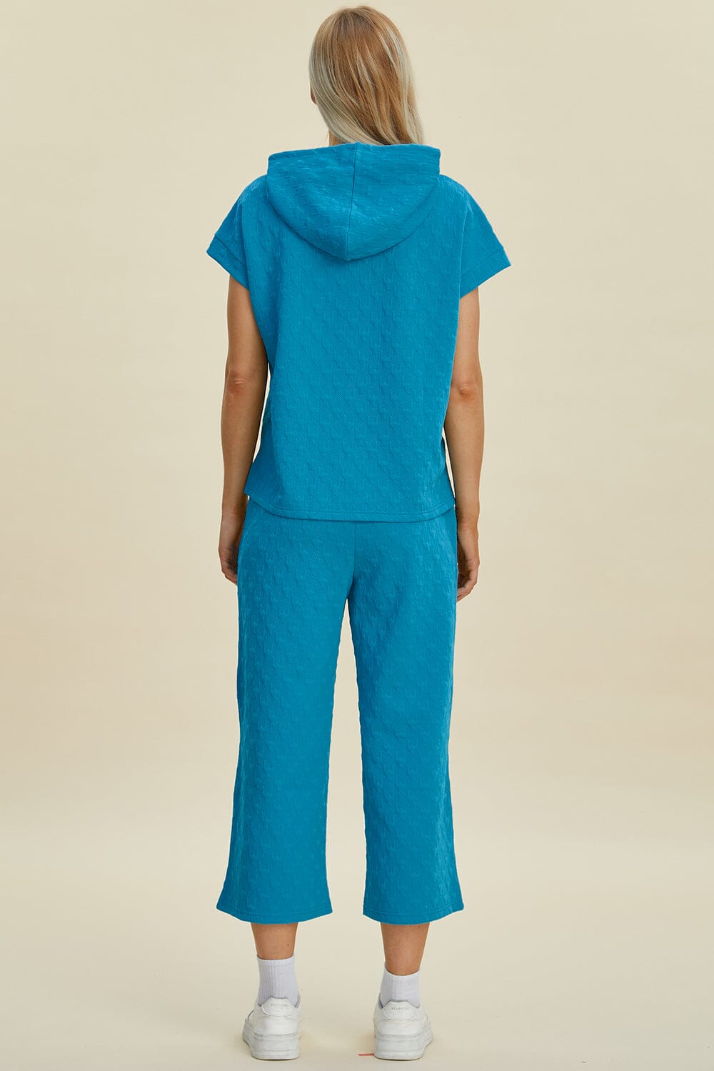 Double Take Full Size Texture Drawstring Short Sleeve Hoodie and Pocketed Pants Set - Sydney So Sweet