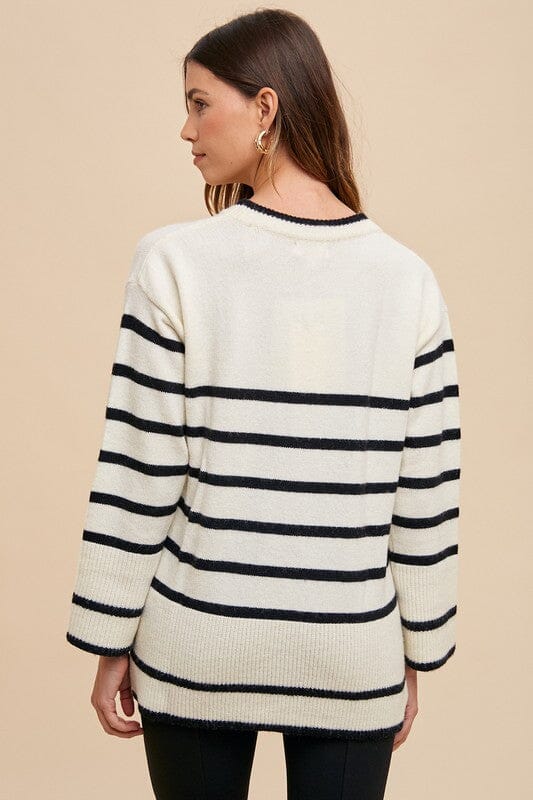 Annie Wear Side Slit Striped Round Neck Sweater - Sydney So Sweet